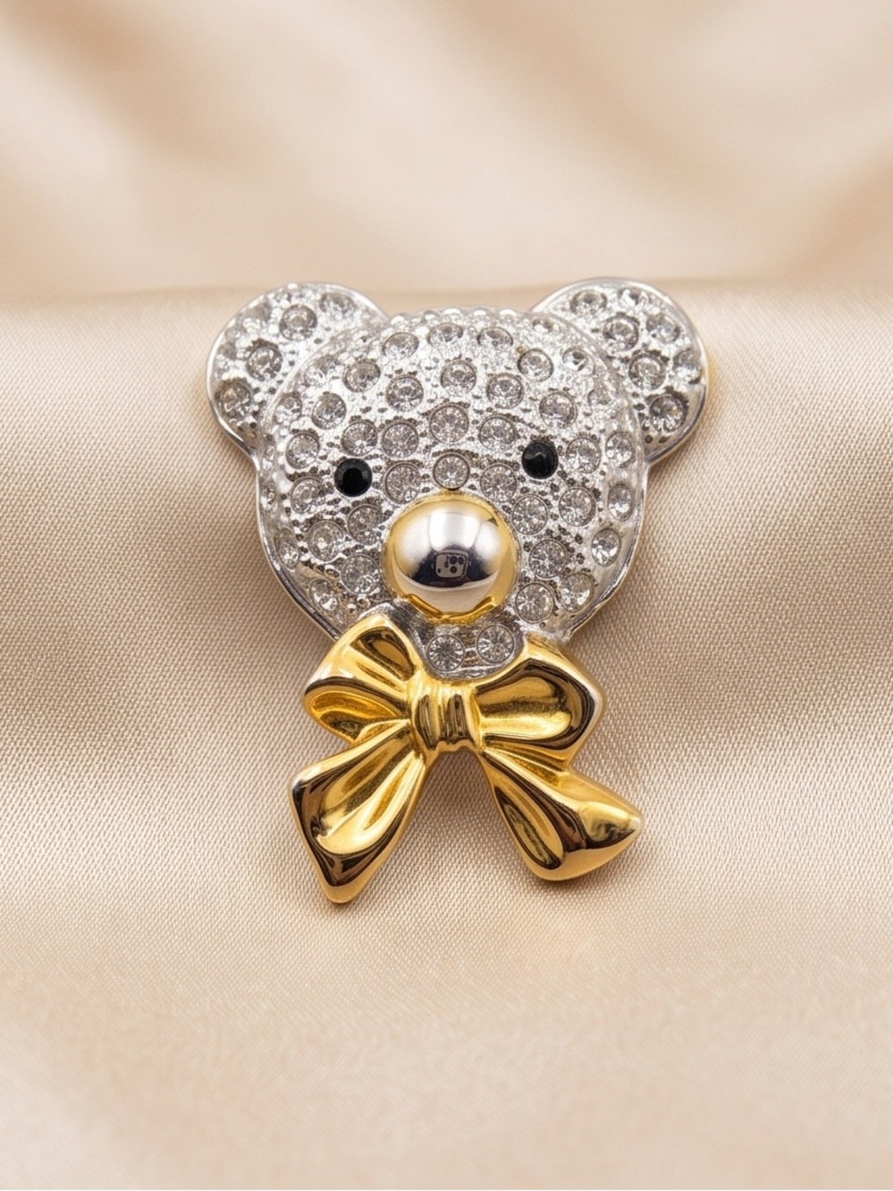 Crystal Teddy Bear Head Brooch Gold Tone Crystals